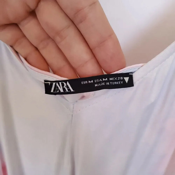 ZARA WOMAN TIE-DYE DRESS Size Medium Pink Blue FLOWING MIDI STRAPPY SATIN Summer - Picture 12 of 16